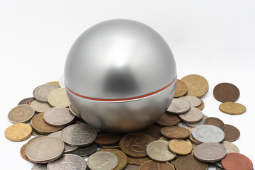 Silver ball and coins