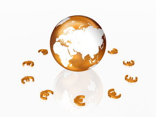 3d golden euros signs around the golden Globe