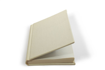 Open light-gray book in hardcover lying on white background
