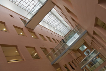 Walkway bridge and skylight inside building, perspective view
