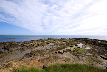 Rocks revealed by receding tide under dramatic sky