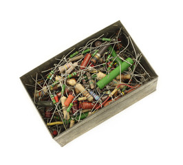 Box full of electronic resistors 