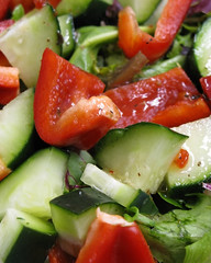 Salad with Organic Greens, Red Bell Peppers, and Cucumbers