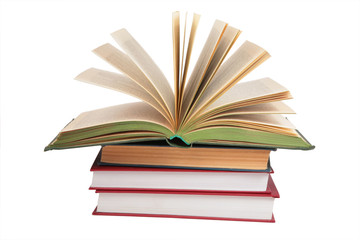 Stack of books with opened book