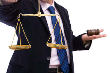 law concept with scales of justice and gavel on white