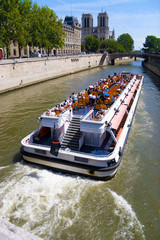 Tourist boat in Paris. Wide angle view.