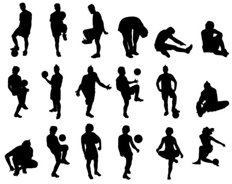 Eighteen silhouette vector images of soccer players.