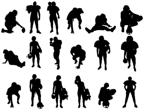 Eighteen silhouette vector images of football players.
