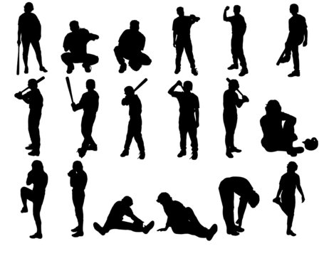 Eighteen silhouette vector images of baseball players.