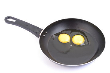 Raw Egg in frying pan over white .