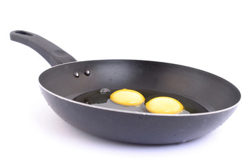 Raw Egg in frying pan over white .