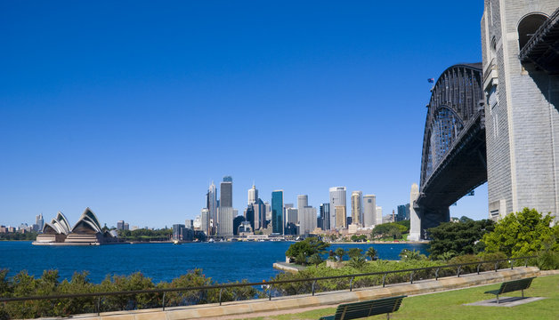 City Sydney Opera House Harbour Bridge Perfect Blue Sky Day