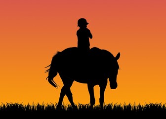 Fototapeta na wymiar kid riding the horse at sunset