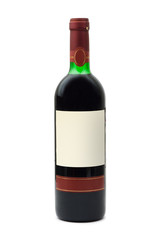 Bottle of wine with empty label, isolated on white background