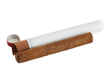 Premium Cuban cigar with its tin container, isolated on white