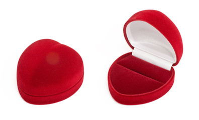 Red gift box of heart shape for jewelry ring on white