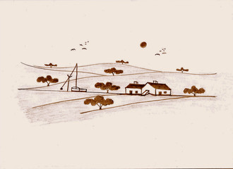Illustration of countryside in the Alentejo, South of Portugal.