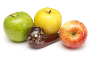Long ornamented caucasian pipe with apples at white background