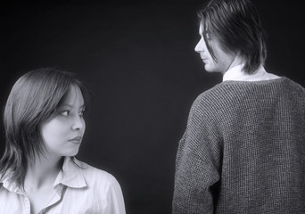 young couple on, black and white, blue tone