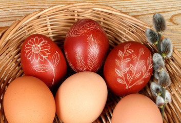 Ornate, traditional decorated Easter eggs and catkins