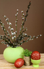 Ornate, traditional decorated Easter eggs and green cress