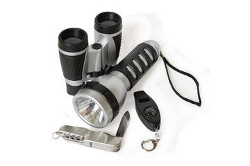 Modern outdoor traveller's equipment on white background