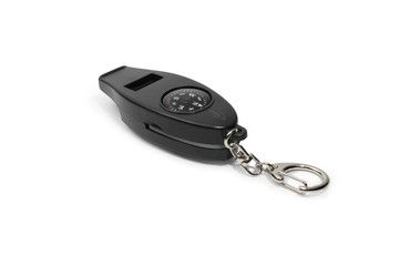 Modern black keychain with compass and whistle