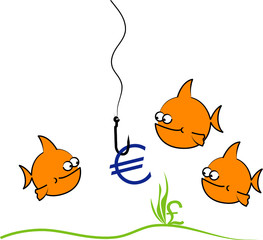 Three cartoon fish looking at euro symbol on hook - 6398448