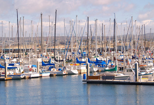 Sailboats lined up in the marina at Monterey, California