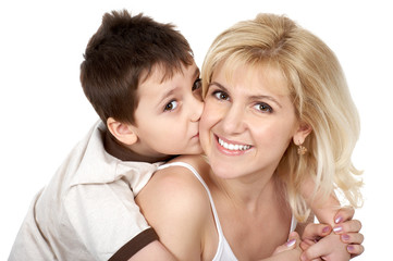 Mother and son. Isolated over white background.