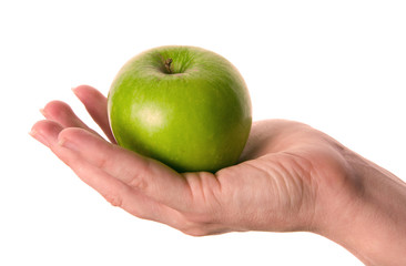 Green apple in hand isolated on white