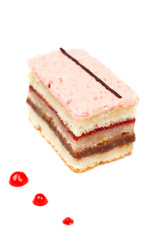 Delicious cake with soft shadow on white plate. Shallow DOF