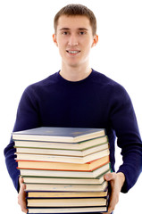 Caucasian male person with books on isolated background