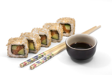 Sushi with chopsticks and soya - drop shadow
