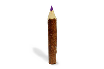 Big wooden violet colour pencil on white background