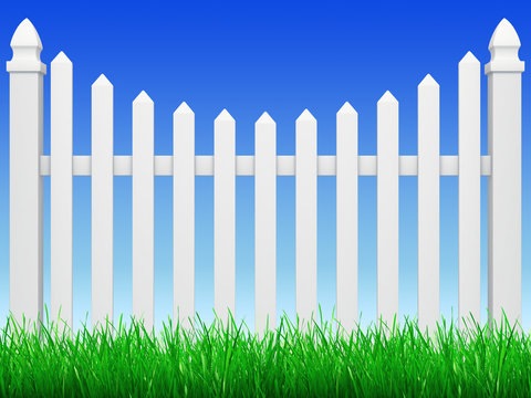 fence on blue sky with green grass
