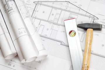 Tools over house plan blueprints