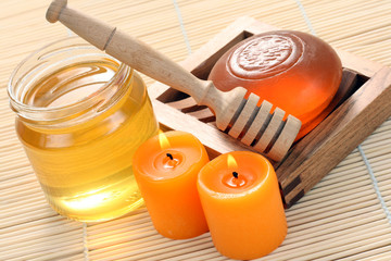 bar of gliceryne soap and jar of honey - natural bath