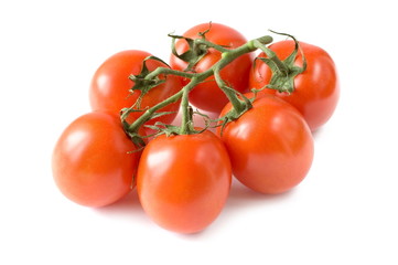 A branch of fresh red tomatoes on white background