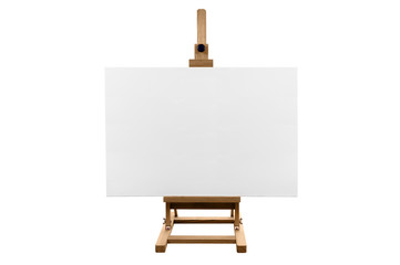 Blank canvas on a wooden easel, white background.