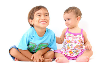 Happy Boy and Baby together on white .