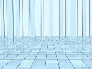 Abstract blue background with columns and a tiled floor