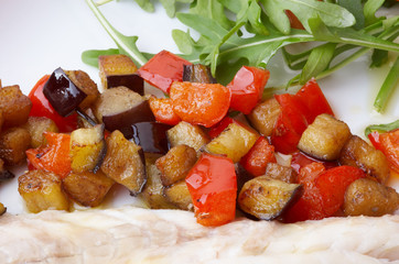 trout with stewed vegetables and rocket salad