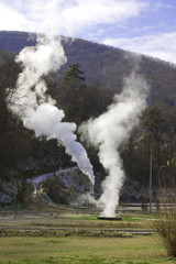 Steam of warm sulfur water under ground 