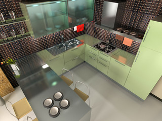 the modern kitchen interior design (3D rendering)
