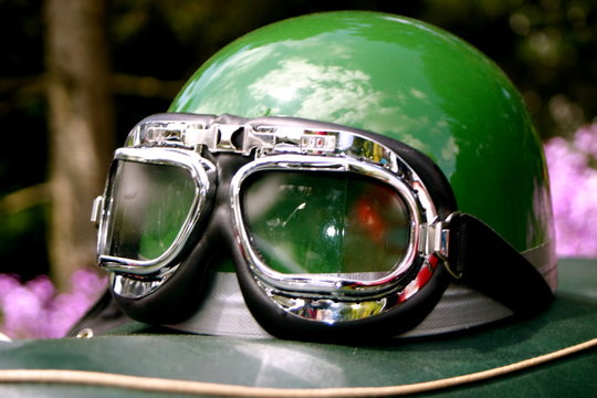 vintage green helmet & goggles