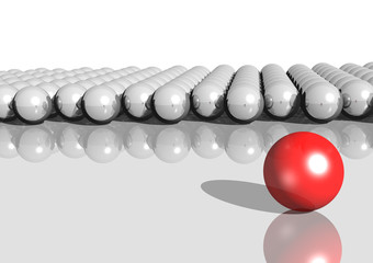 3d rendering of white balls and a red ball