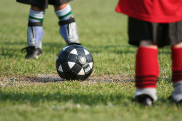 A soccer ball sits on a field