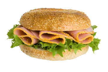 A ham and lettuce bagel isolated on a white background