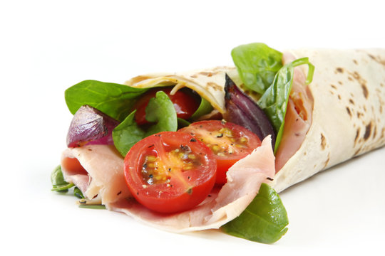 Wrap sandwich.  Ham, tomato, spinach 